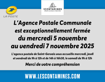 Fermeture agence postale 5 au 7 novembre 2025