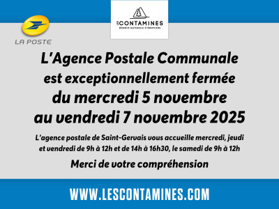 Fermeture agence postale 5 au 7 novembre 2025
